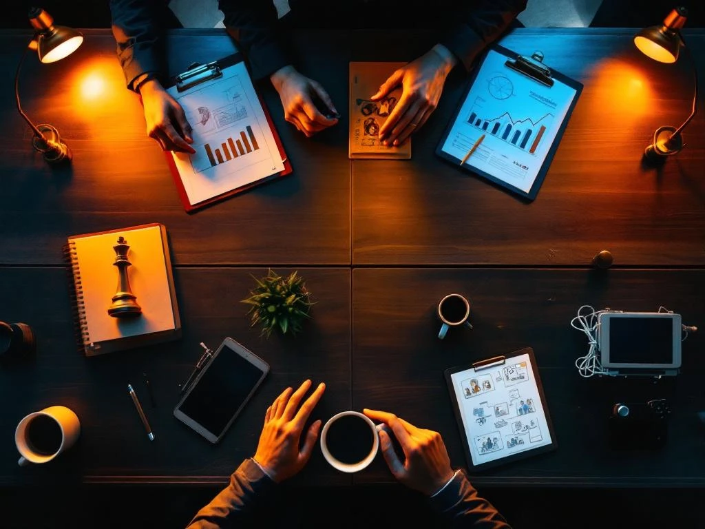 Bovenaanzicht van conferentietafel met vier managementstijlen vertegenwoordigd door schaakstuk, klembord, koffiemok en tech gadgets