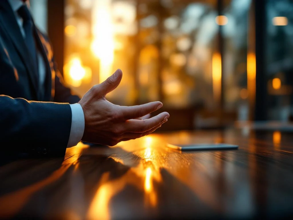 Handen van zakenleider tijdens presentatie in moderne vergaderruimte met warme verlichting en glazen oppervlakken