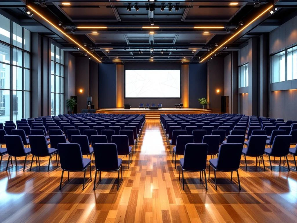 Moderne conferentiezaal met marineblauwe stoelen, podium, presentatiescherm en natuurlijk licht door grote ramen