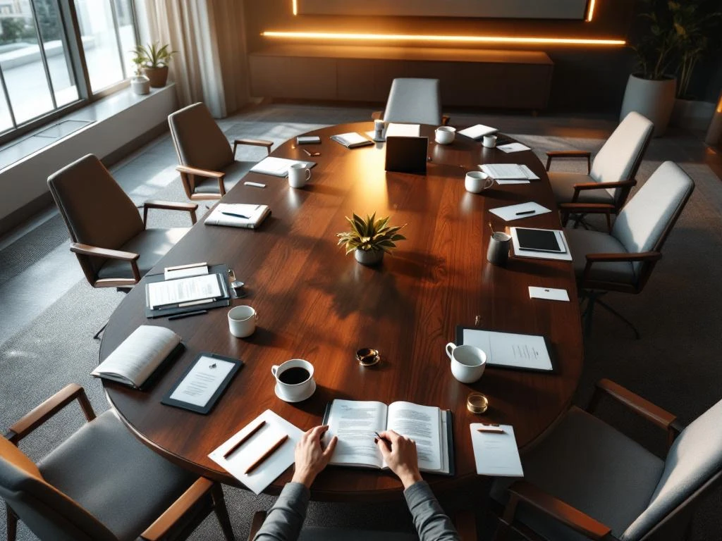 Bovenaanzicht van elegante conferentieruimte met houten tafel, moderne stoelen, notebooks, tablets en presentatiescherm