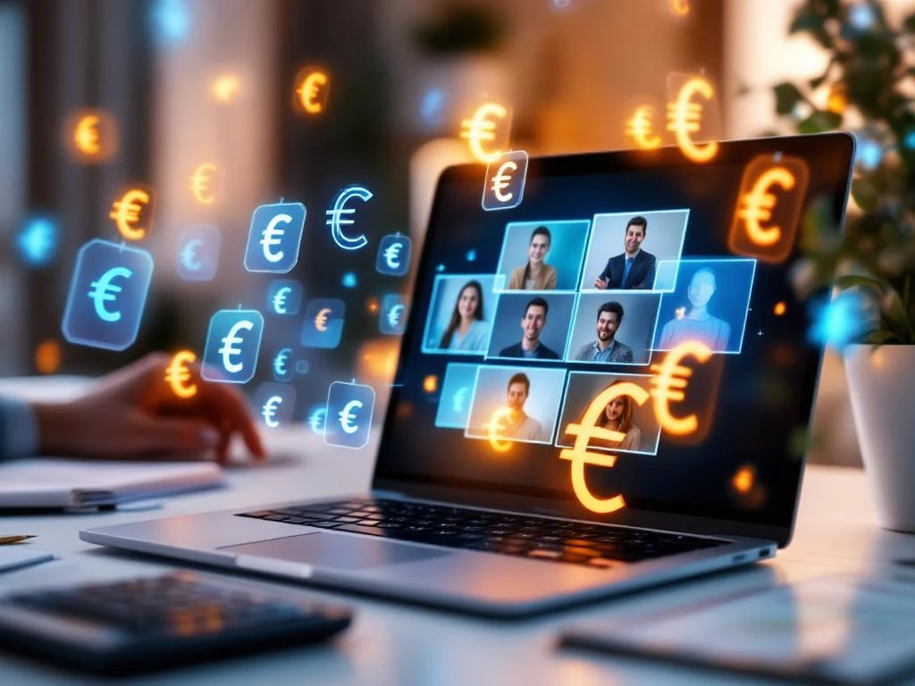 Laptop toont webinar interface met deelnemers, omringd door euro symbolen en prijslabels op wit bureau met calculator