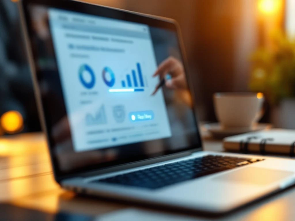 Laptop scherm toont webinar replay knop met presentatie grafieken op achtergrond in moderne werkruimte
