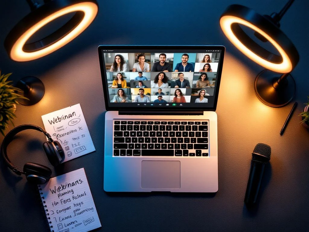 Laptop met webinar-interface en professionele apparatuur zoals microfoon, koptelefoon en ringlicht op moderne werkplek