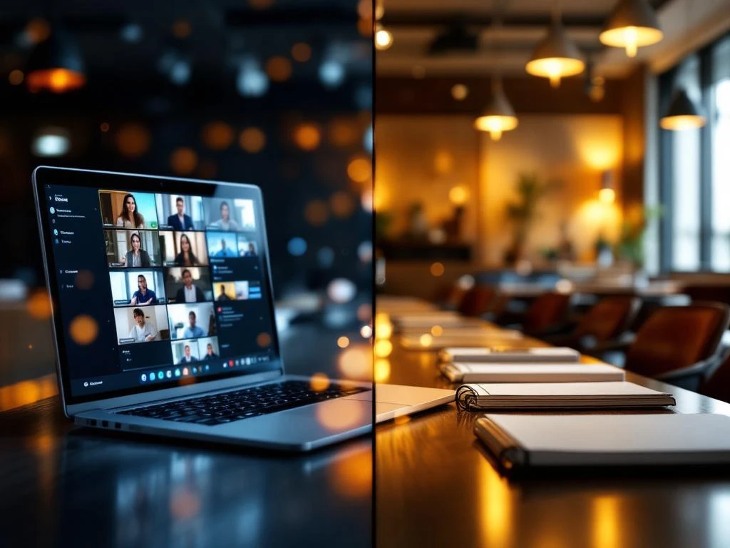 Split-screen vergelijking van webinar op laptop met videoconferentie-interface en elegante masterclass klaslokaal