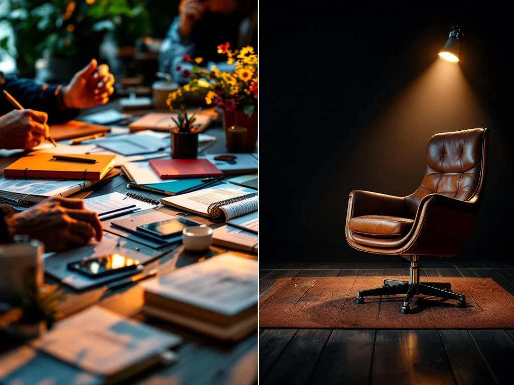 Gesplitst scherm toont workshop met materialen op houten tafel links en premium masterclass setup met leren stoel rechts