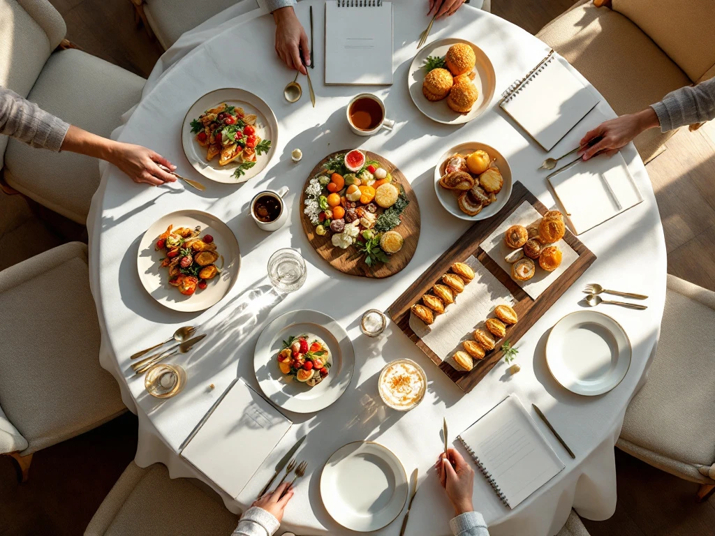 Elegante conferentietafel met witte linnen, gourmet catering, koffiestation en presentatiematerialen in natuurlijk licht