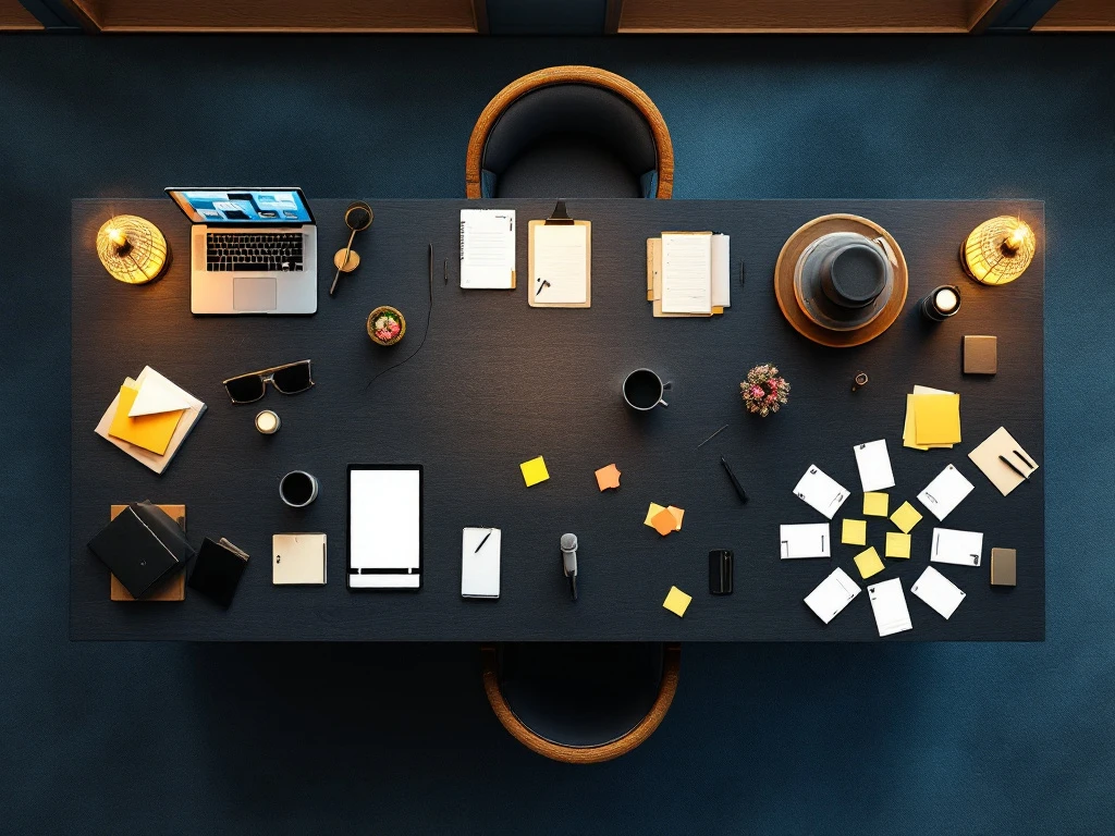 Moderne vergadertafel van bovenaf met laptop, podium microfoon, lounge stoelen en workshop materialen in blauw-grijze tinten
