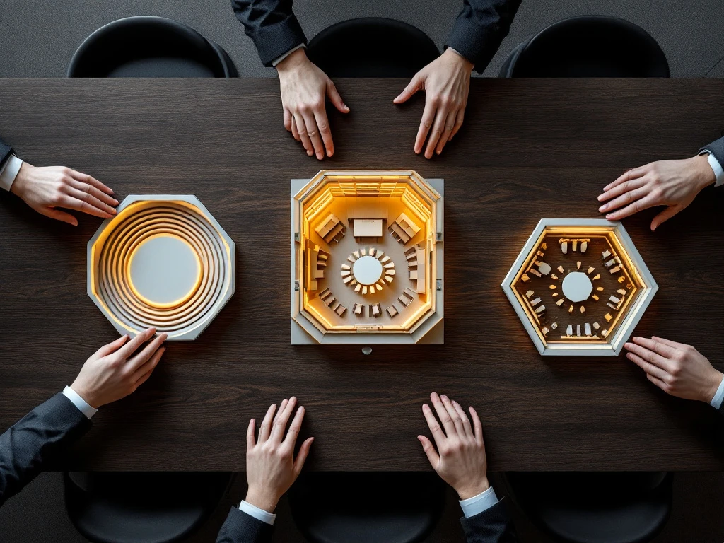 Bovenaanzicht van moderne vergadertafel met 3D miniatuurmodellen van verschillende evenementopstellingen en professionele handen