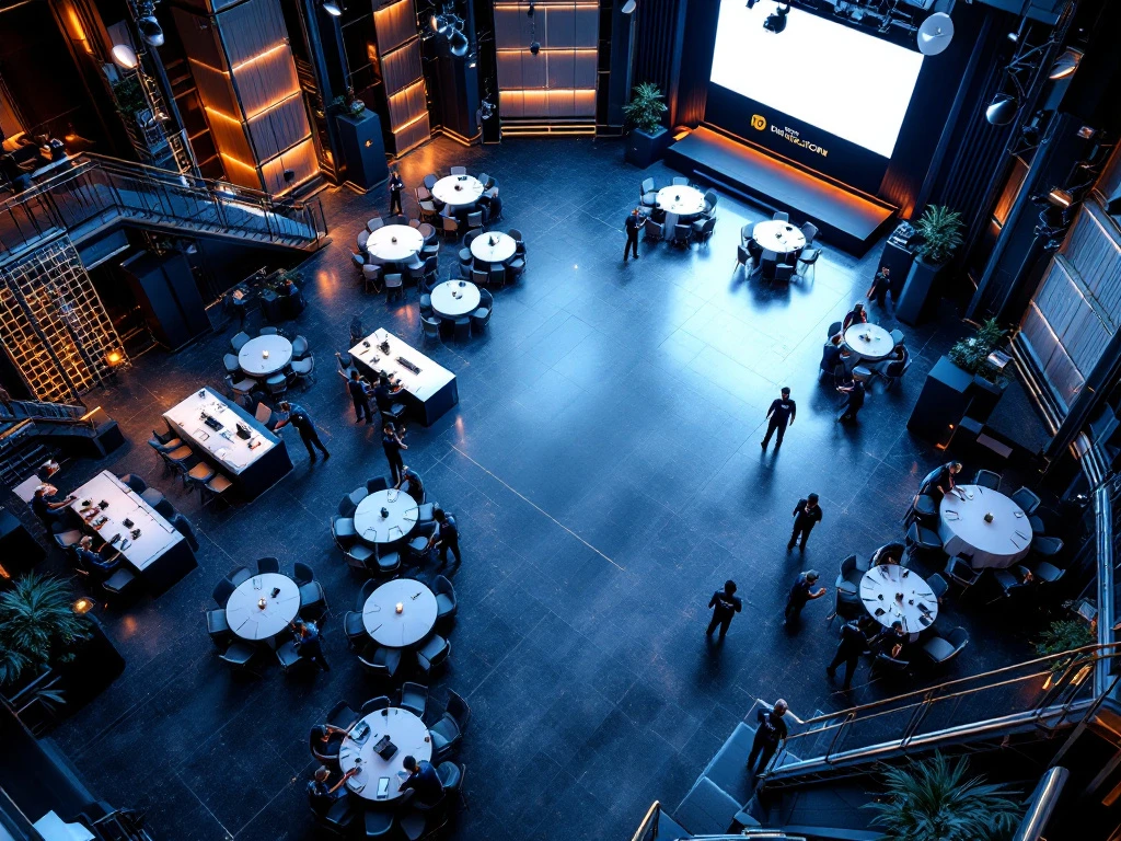 Luchtfoto van professionele evenementenlocatie tijdens opbouw met medewerkers die tafels en AV-apparatuur installeren