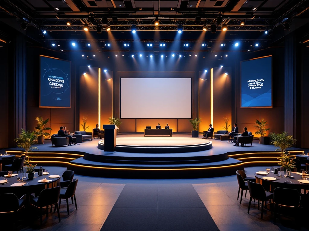 Moderne conferentiezaal met verhoogd podium, professionele audiovisuele apparatuur en elegante zitplaatsen in blauw-goud