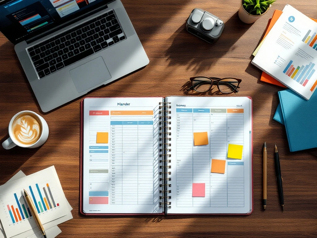 Bovenaanzicht van moderne houten bureau met open planner, laptop met kalender, koffie en planningsmateriaal