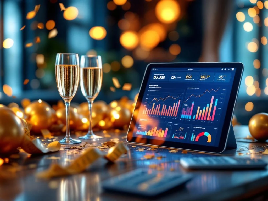 Tablet met analytics dashboard op elegante jubileumtafel met gouden ballonnen, champagne en confetti