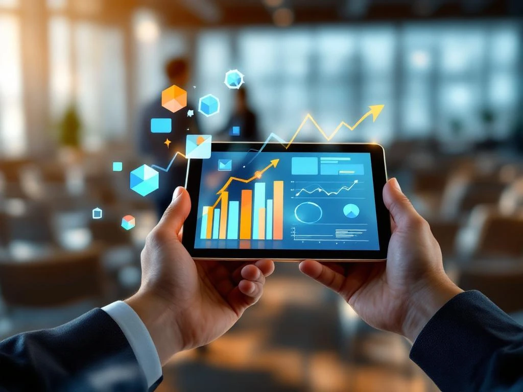 Handen die tablet vasthouden met kleurrijke analytics grafieken en data visualisaties in moderne conferentieruimte