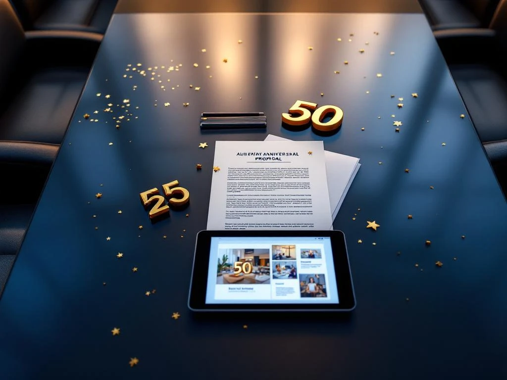 Bestuurskamertafel van bovenaf met gouden jubileumcijfers, presentatiemateriaal en tablet in professionele blauwe tinten
