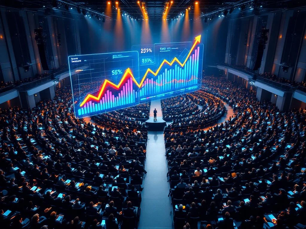 Luchtfoto van moderne conferentiezaal met honderden bezoekers en holografische analytics dashboard met stijgende grafieken