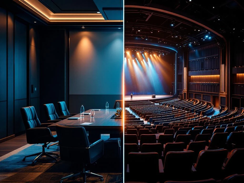 Vergelijking van intieme vergaderzaal met houten tafel en grote congreszaal met auditoriumstoelen