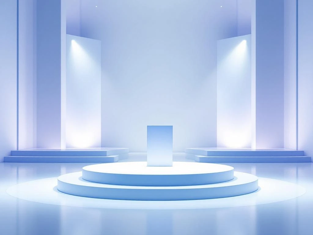 Moderne conferentiepodium met geometrische zitplaatsen in professionele blauwe verlichting voor symposium