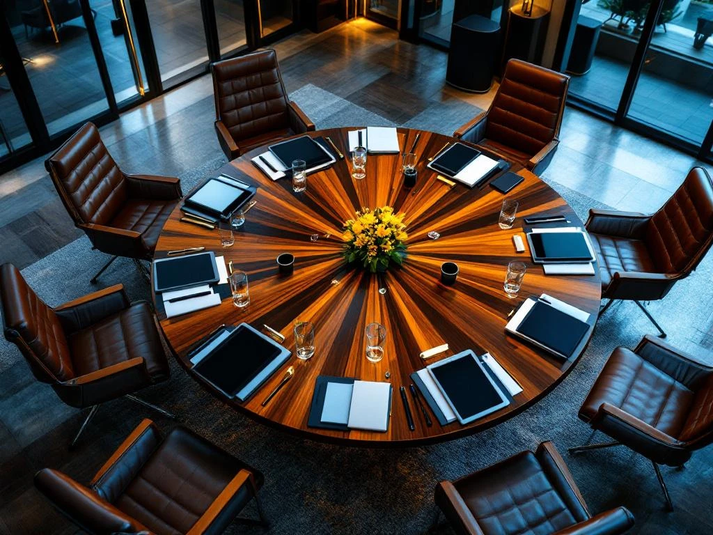 Luxe conferentieruimte met ronde houten tafel, leren stoelen en moderne vergaderapparatuur, bovenaanzicht