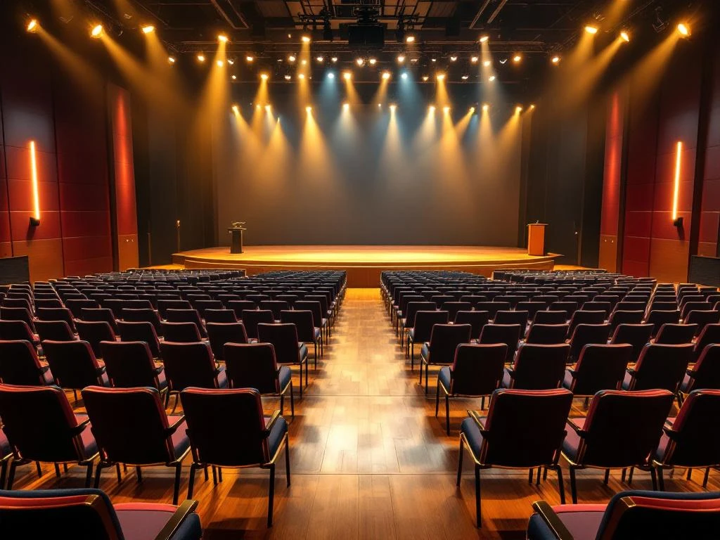 Conferentiezaal met rijen moderne stoelen in burgundy en marineblauw gericht op verlicht podium met gouden spotlights
