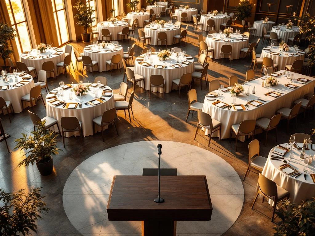 Conferentiezaal met witte ronde tafels, houten spreekgestoelte, ergonomische stoelen en warm daglicht door ramen