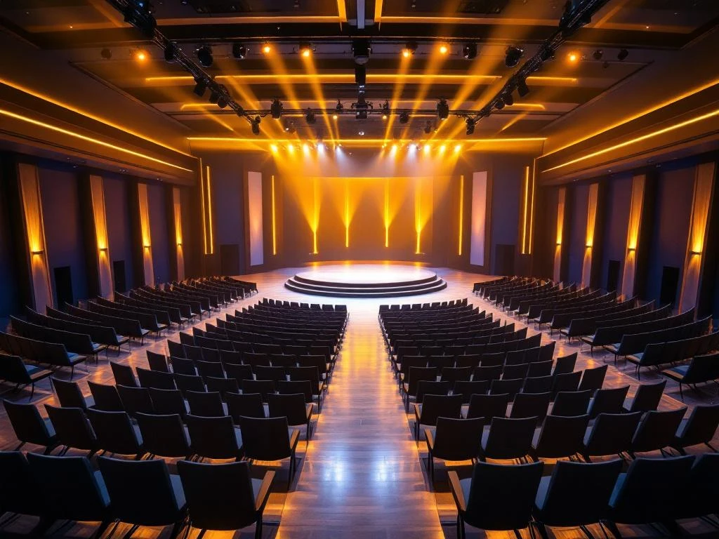 Moderne conferentiezaal met gebogen stoelrijen, centrale podium en warm spotlicht vanuit vogelperspectief