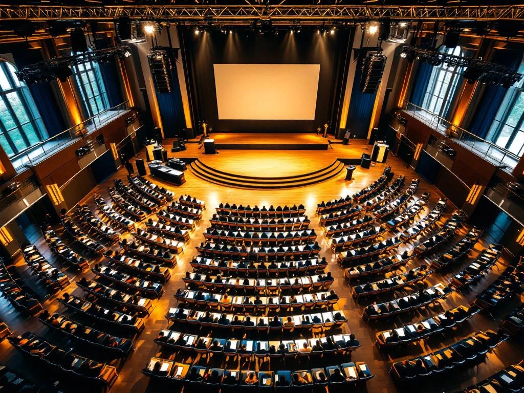 Bovenaanzicht van moderne conferentiezaal met rijen stoelen, podium, professionele belichting en navy-gouden accenten