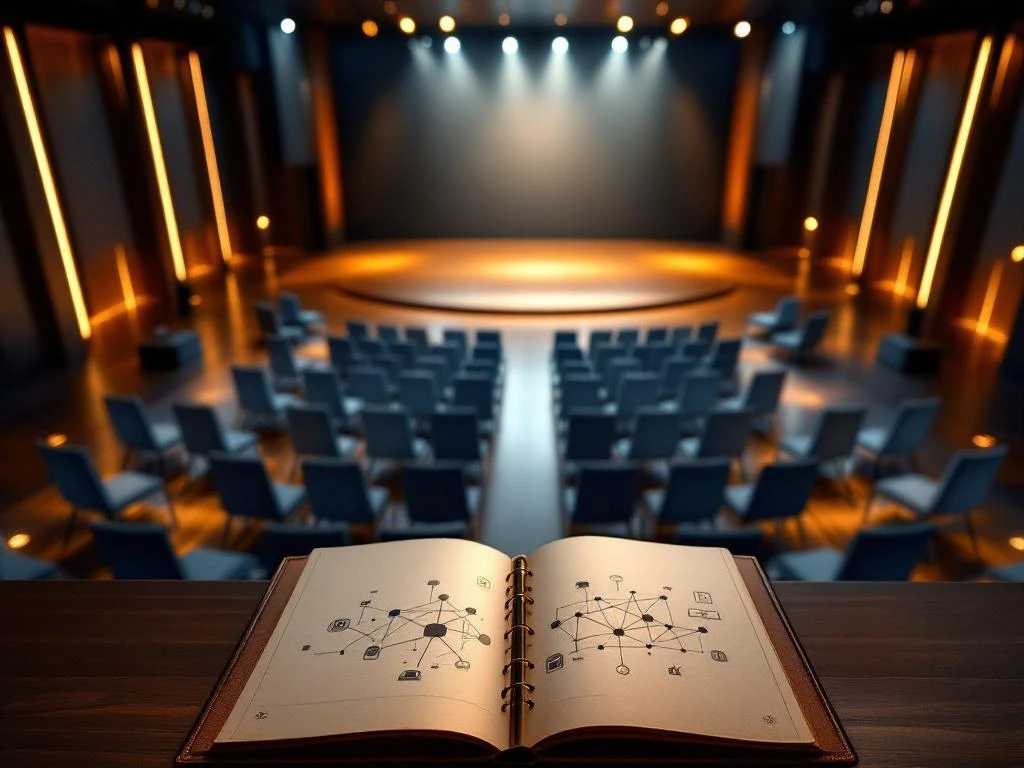 Moderne conferentiezaal met stoelen in halve cirkel, podium en open portfolio met netwerkdiagrammen op houten vloer