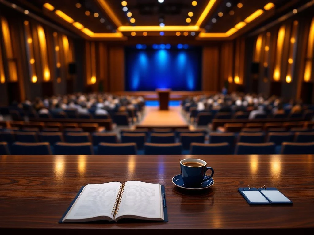 Conferentiezaal met halfronde stoelen rondom podium, voorgrond toont tafel met notitieboek en koffie, blauw-gouden accenten


---

**Feedback Request**: Is this alt text within the 125-character limit and does it capture the essential elements?