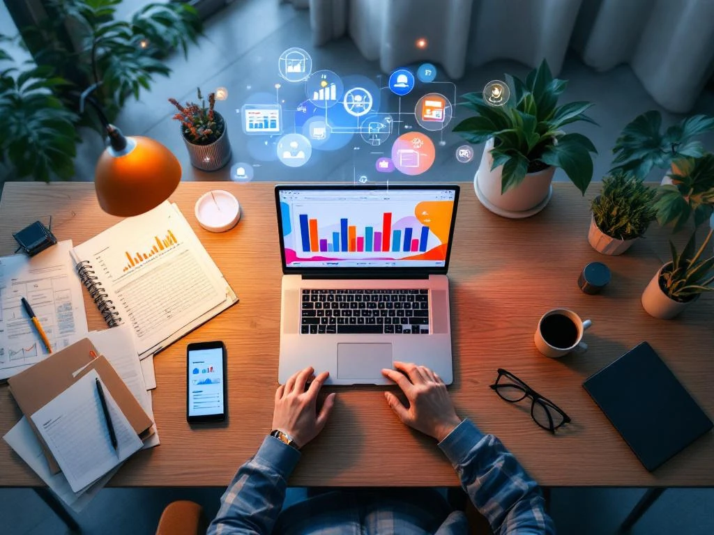 Bovenaanzicht modern bureau met laptop, evenementenplanningsoftware, documenten en automatiseringstools voor efficiënte organisatie