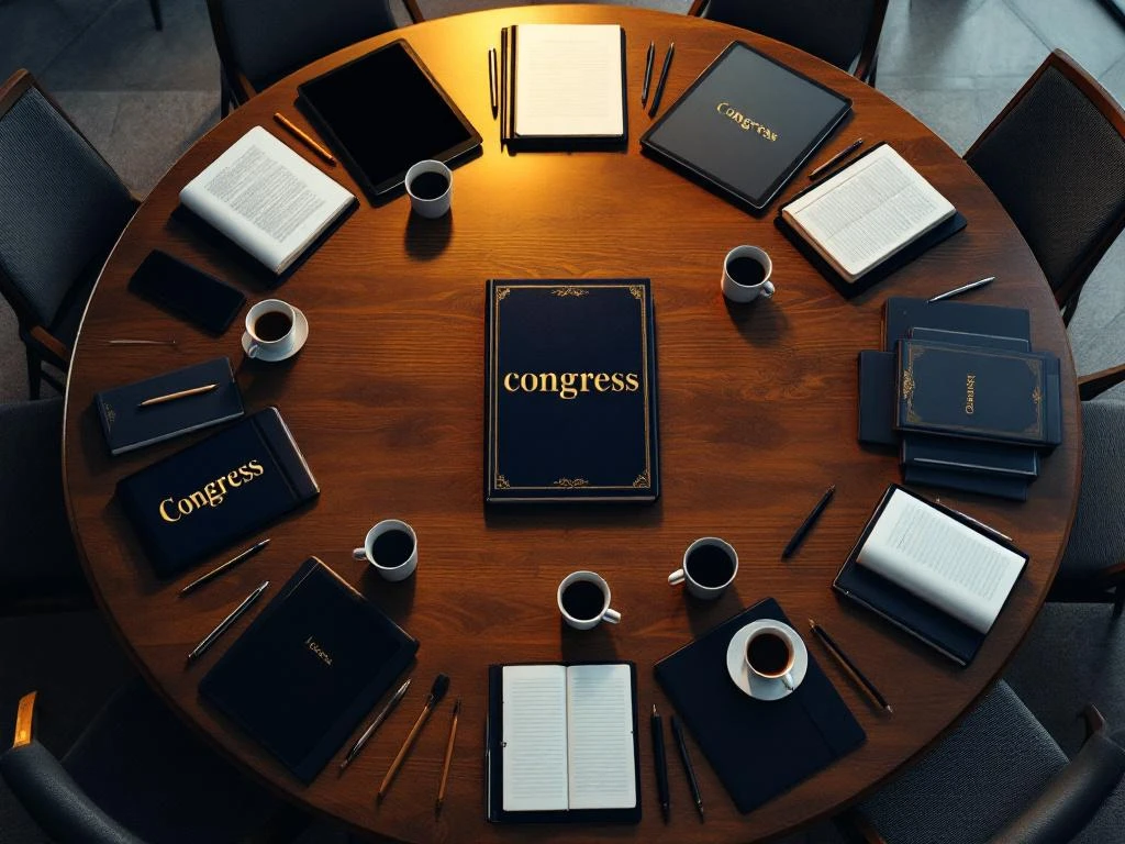Vogelperspectief van vergadertafel met notitieboeken, tablets en koffie in professionele congresopstelling