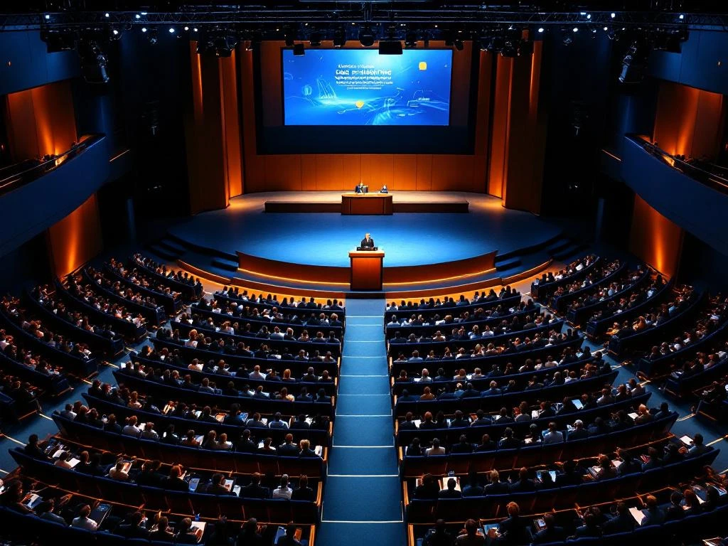 Congres in moderne conferentiezaal met gevulde blauwe stoelen, podium met spotlights en LED-schermen vanuit vogelperspectief