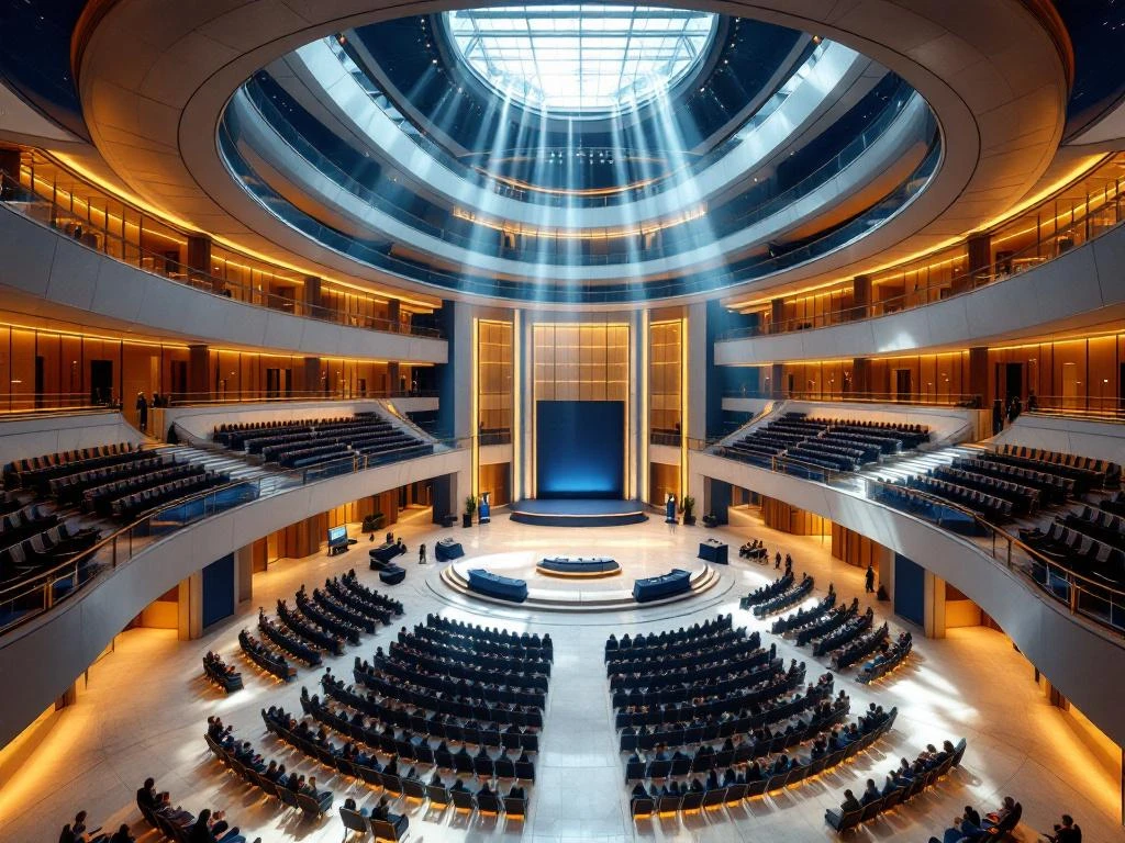 Modern congresgebouw met meerdere verdiepingen, gebogen balkons, glazen wanden en marmeren vloeren in blauw en zilver