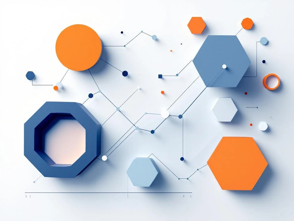 Minimalistische datavisualisatie met lijngrafieken en geometrische vormen in blauw en oranje op witte achtergrond