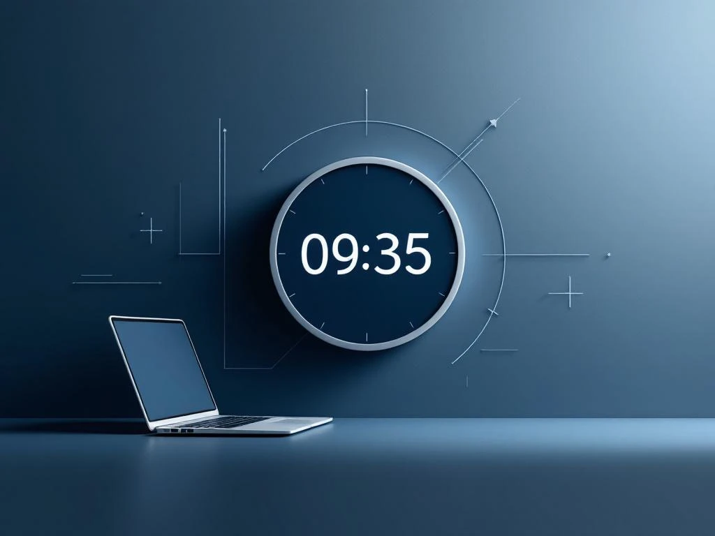 Moderne digitale klok met geometrische cijfers naast laptop silhouet op blauwe gradiënt achtergrond voor e-learning