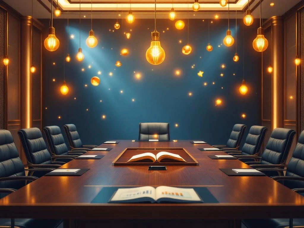 Lege directiekamer met mahonie vergadertafel en leren stoelen, zwevende kennissymbolen en gouden banners erboven