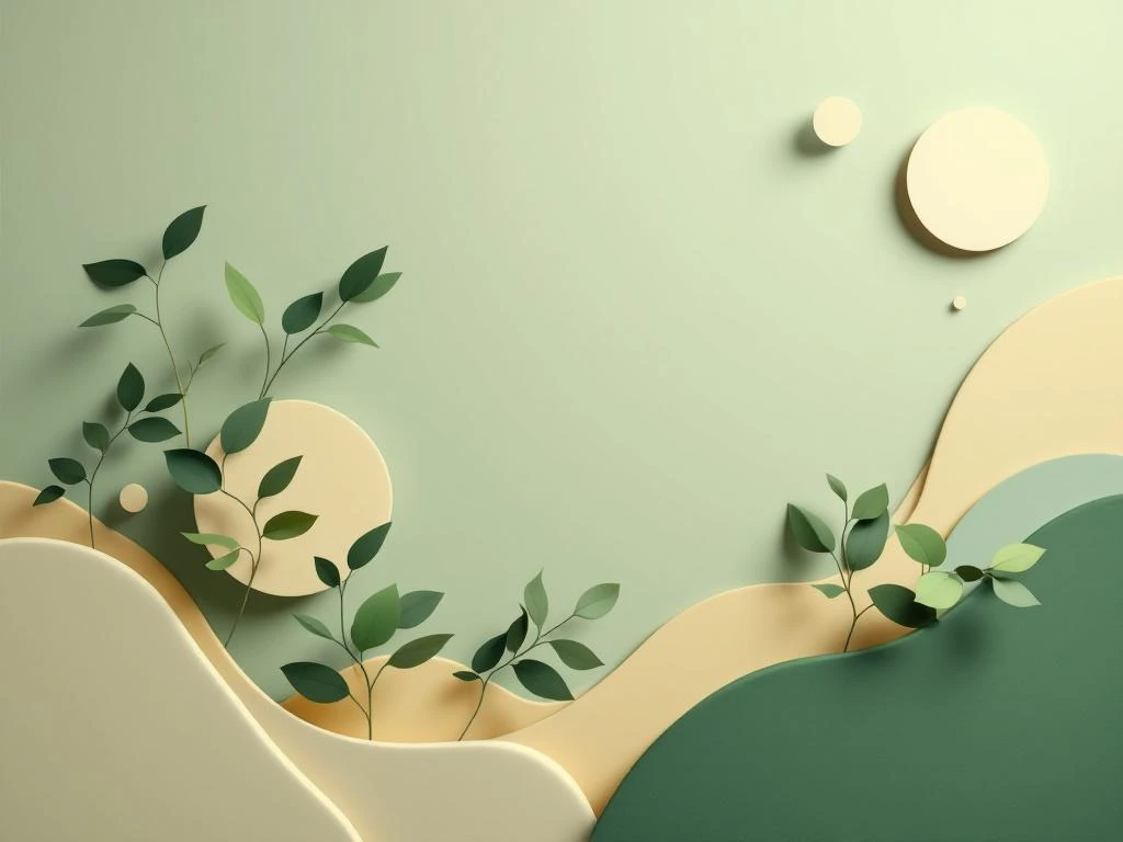 Minimalistische compositie met groene bladvormen en cirkels op groene-crème verloop, duurzaamheid en architectuur