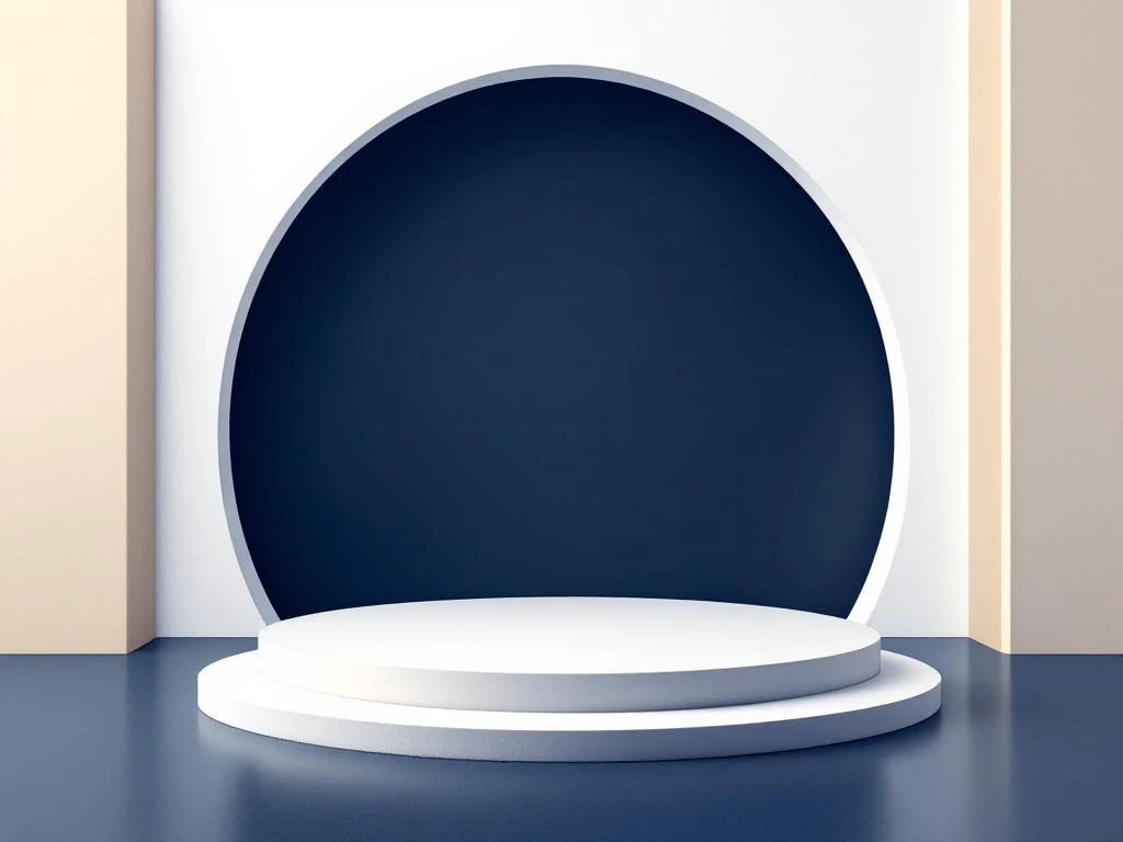 Circulair amfitheater met geometrische vormen op blauwe gradiënt achtergrond, gouden accenten en kennisnetwerk lijnen