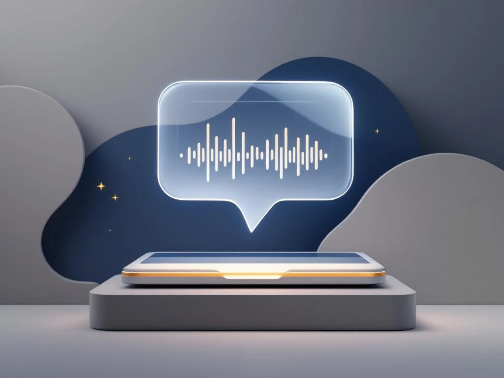 Laptop met transparante spraakballon en geluidsgolven in marineblauw en goud, moderne educatieve technologie design