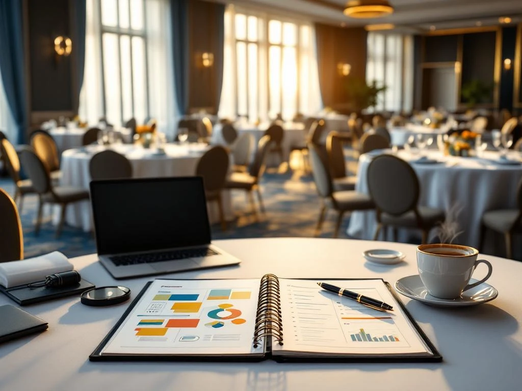 Elegante conferentieruimte met ronde tafels, open planner met kleurrijke schema's, laptop en koffiekop op voorgrond