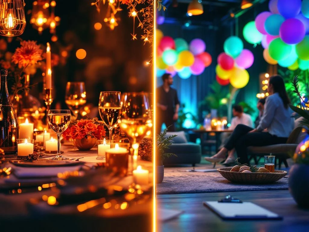 Split-screen vergelijking van elegante jubileumviering met gouden decor en levendige bedrijfsfeest met kleurrijke ballonnen