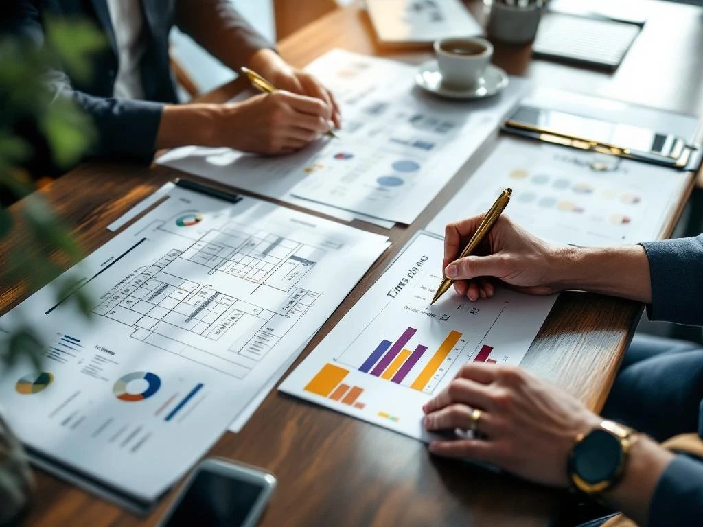 Evenementenorganisator plant strategisch met locatieplattegronden, spreekschema's en tijdlijnen op conferentietafel