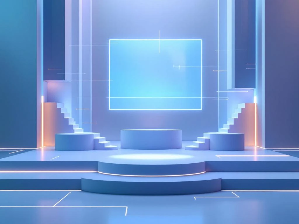 Minimalistische compositie met holografische schermen en geometrische vormen in blauw-wit voor futuristische eventtechnologie