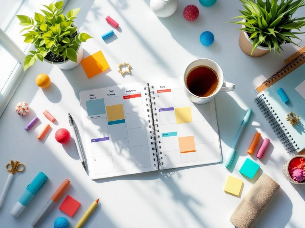 Georganiseerd bureau van bovenaf met open planner, koffie, studiemateriaal, markeerstiften en plaknotities in natuurlijk licht