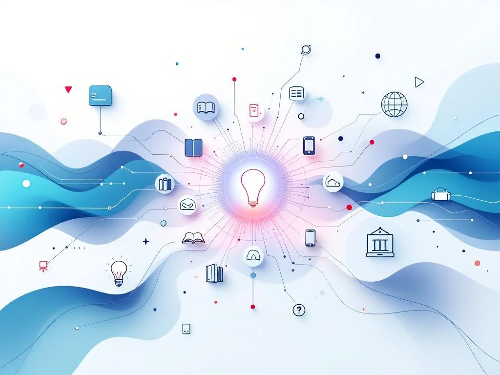 Abstracte geometrische vormen stromen naar centrale node, omringd door leersymbolen in circulair patroon op witte achtergrond