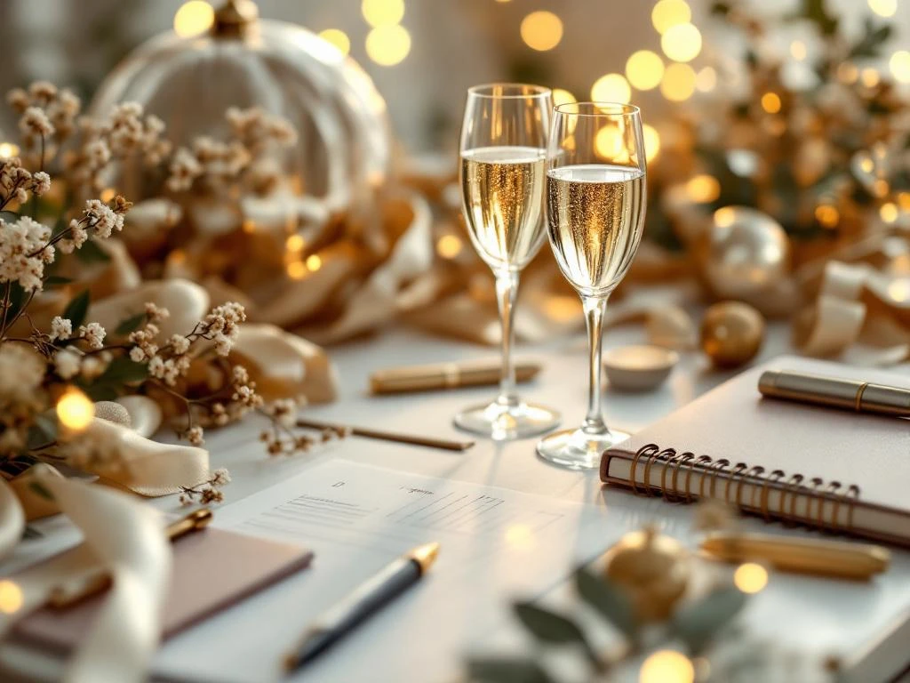Gouden jubileum decoraties met champagneglazen en planningsmateriaal op witte tafel voor stressvrije feestvoorbereiding