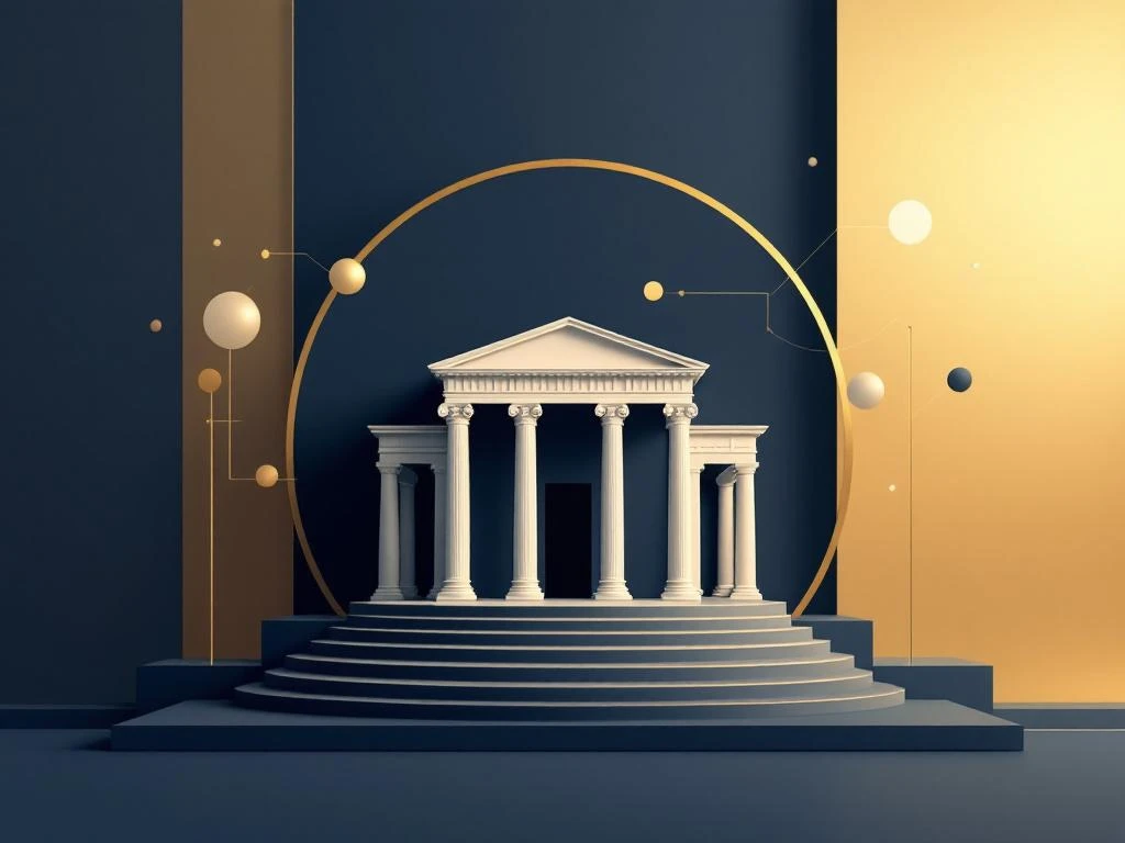 Grieks amfitheater in minimalistische stijl met geometrische vormen op navy-gouden achtergrond voor onderwijs