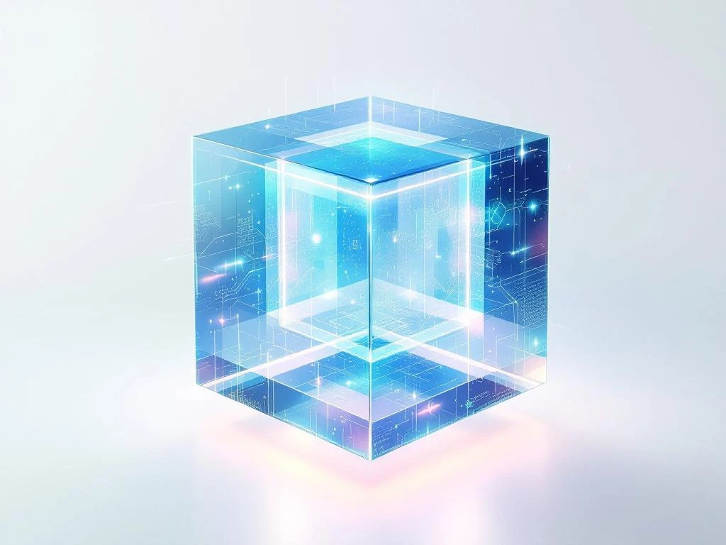 Holografische kubus met digitale netwerkelementen en lichtstralen op witte achtergrond, technologie innovatie concept