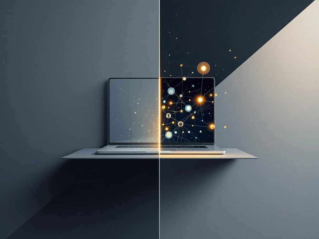 Gesplitste weergave van hybride evenementen met laptop en silhouetten links, virtuele netwerknodes rechts in navy en goud