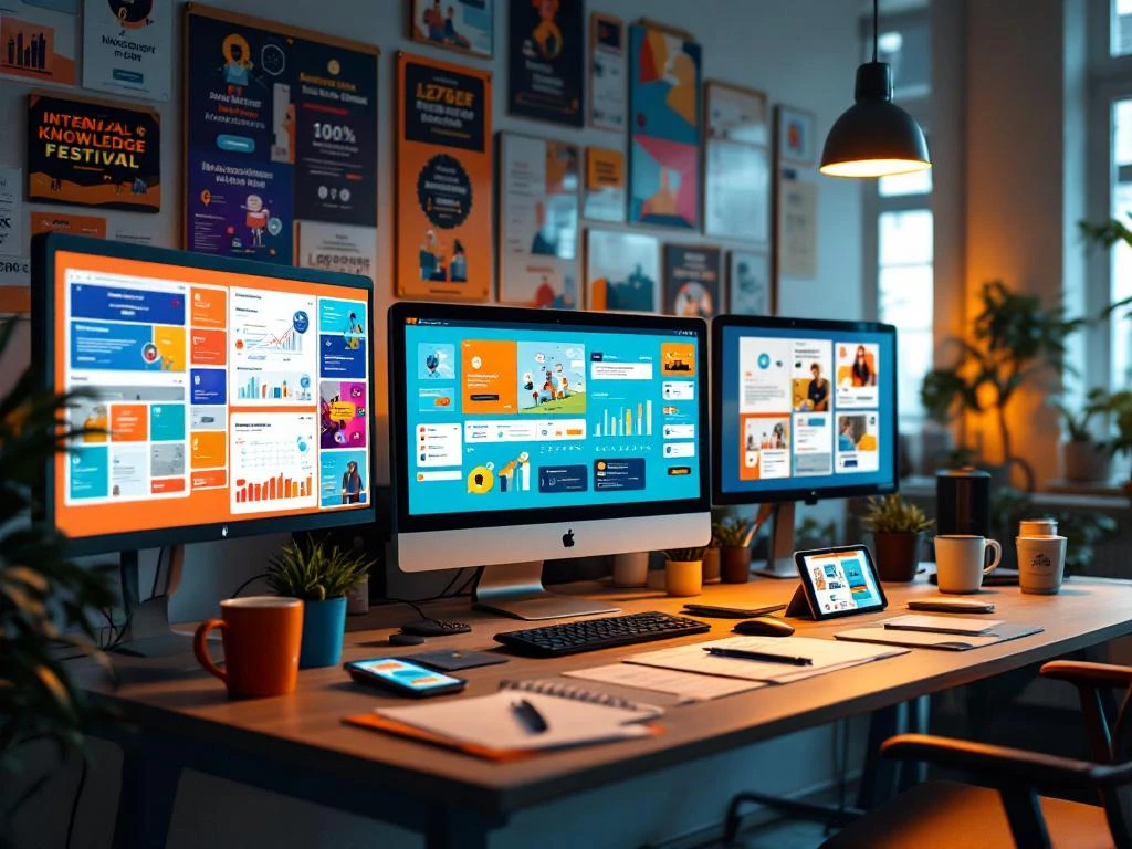 Kantooromgeving met meerdere computerschermen die kleurrijke digitale promotiematerialen voor interne kennisfestival tonen
