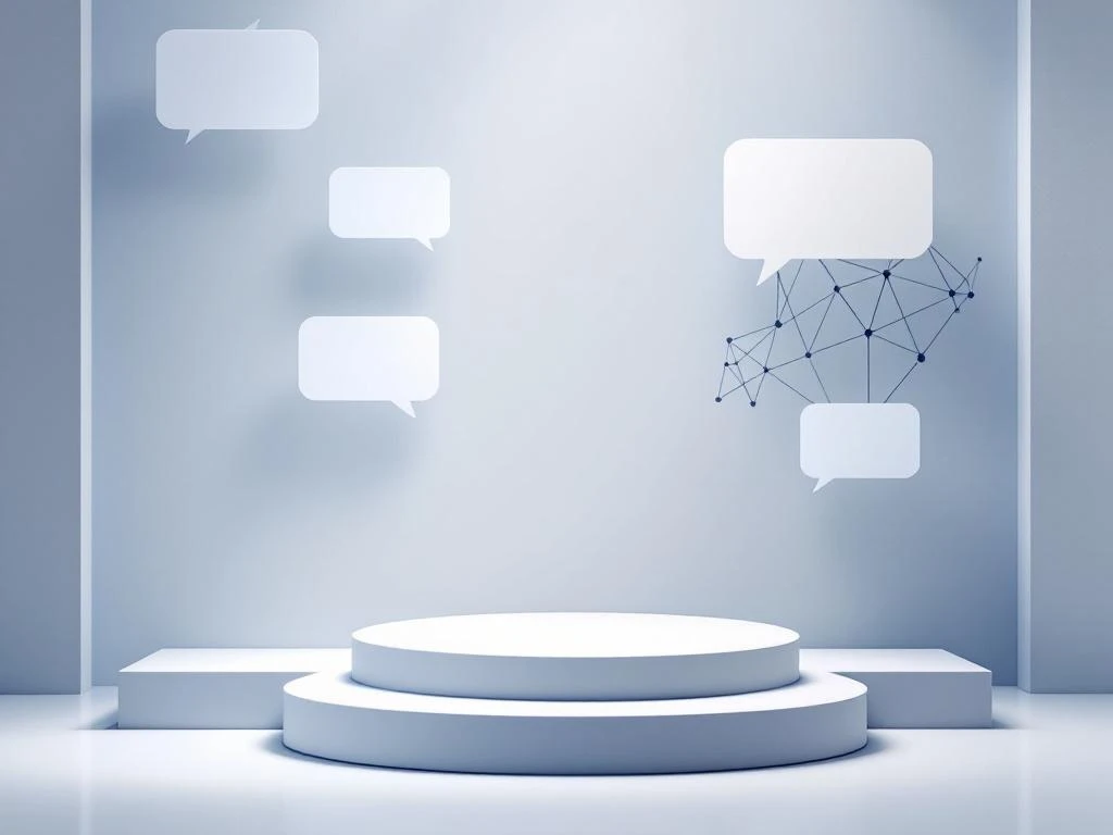 Wit podium met blauwe spraakballonnen en geometrische vormen die kennisdeling en netwerken symboliseren